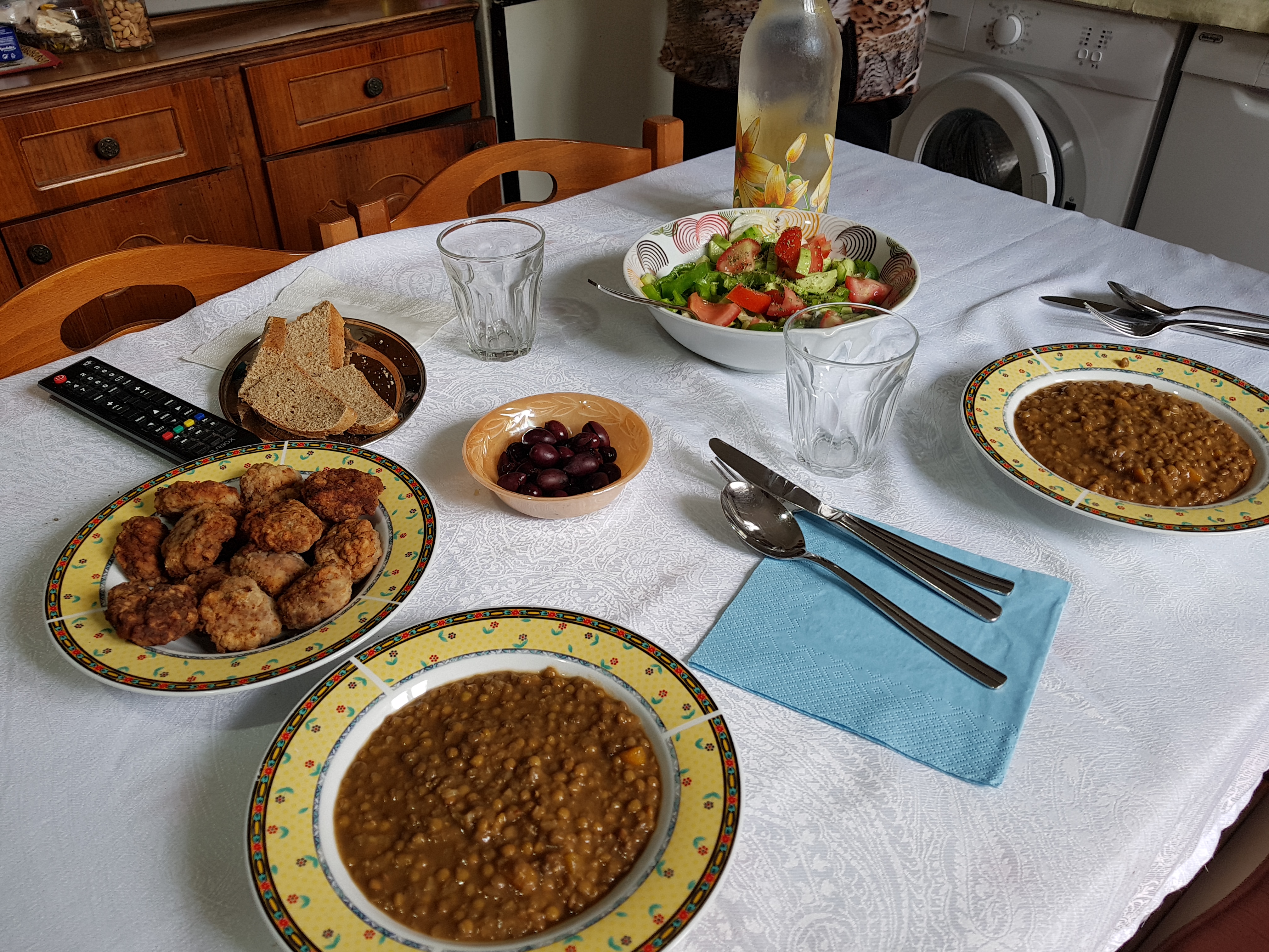 Lunch Of Lentil Stew, Meatballs and Greek Salad